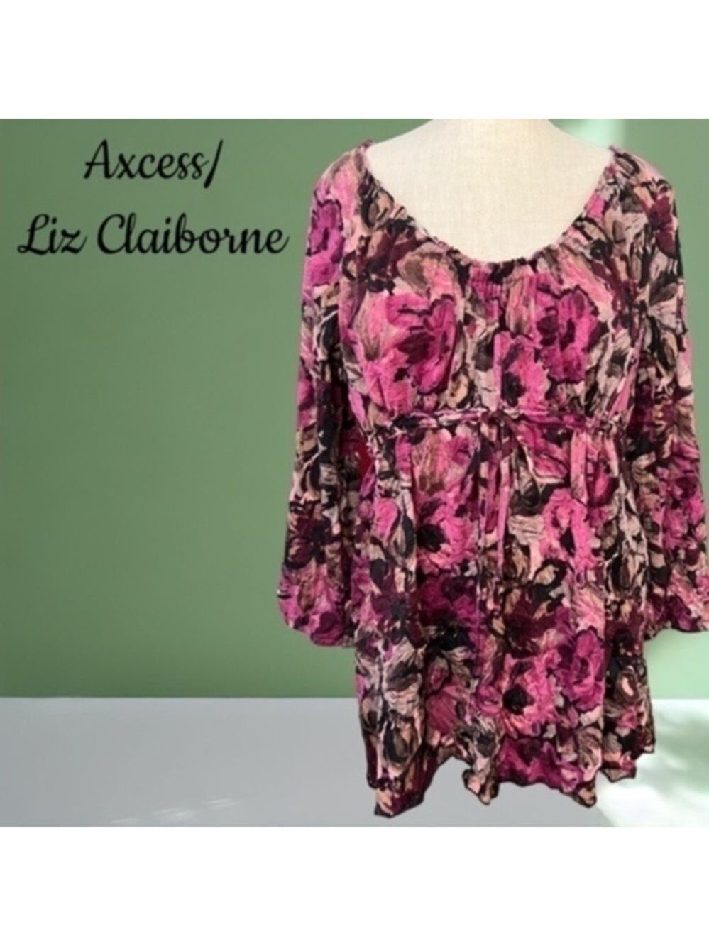 AXCESS-LIZ CLAIBORNE 3/4 Sleeve Cinch-Tie Waist ~27”Long Floral Top NWOT/XL